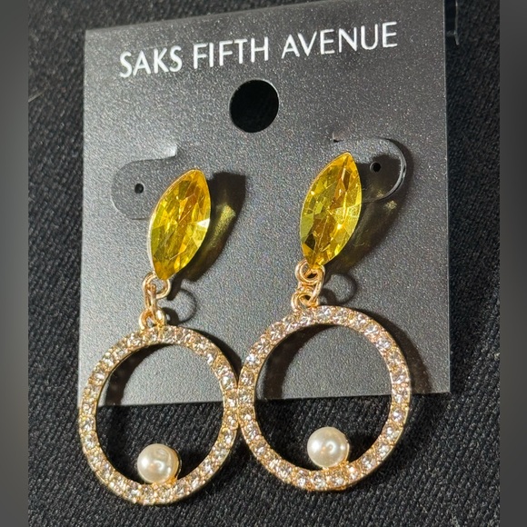 Saks Fifth Ave Yellow Marquis Crystal Post Drop Pave Crystal Circle w/Faux Pearl - Picture 2 of 8